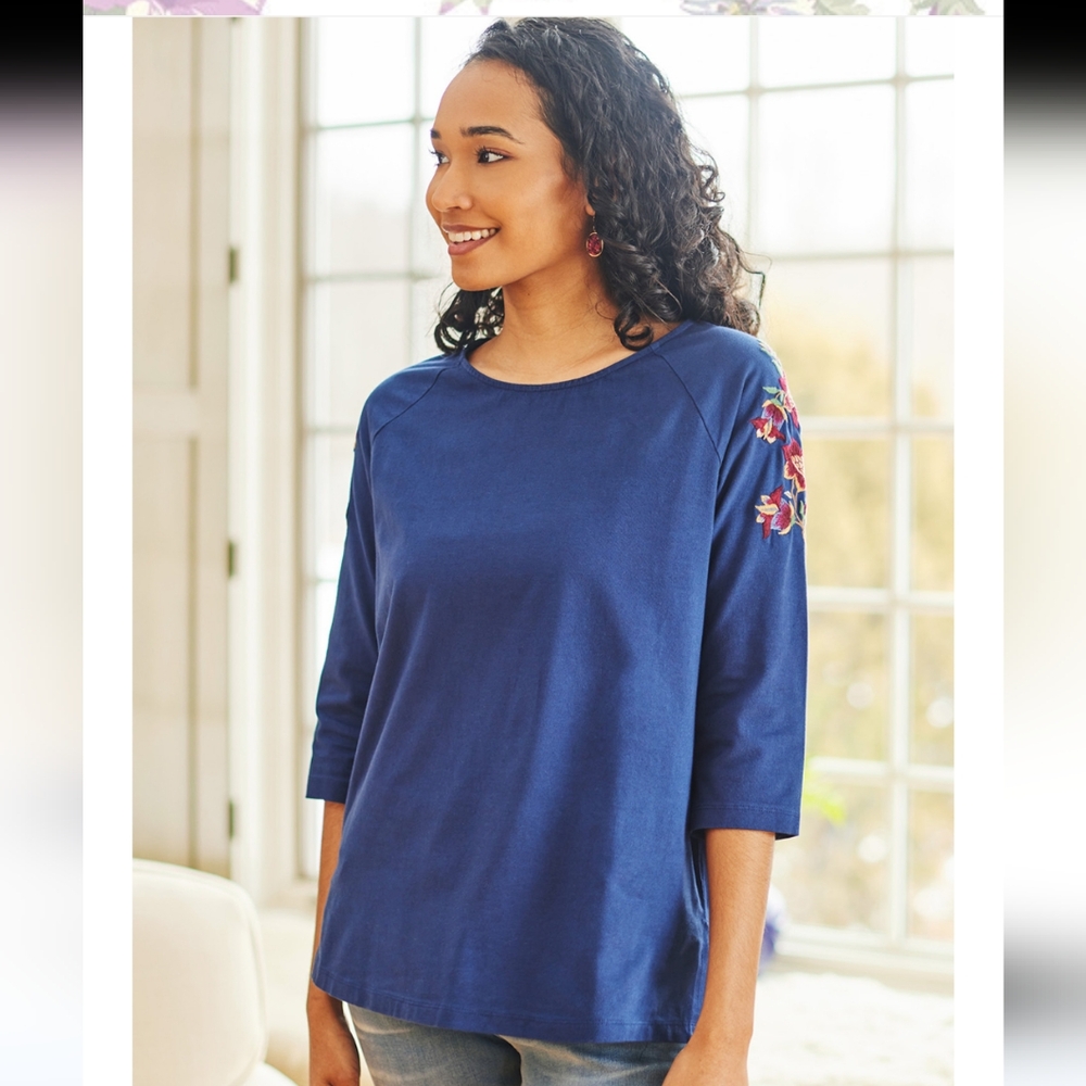 April Cornell Navy Tapestry T-shirt Cotton Embroidered New Tags Size Medium